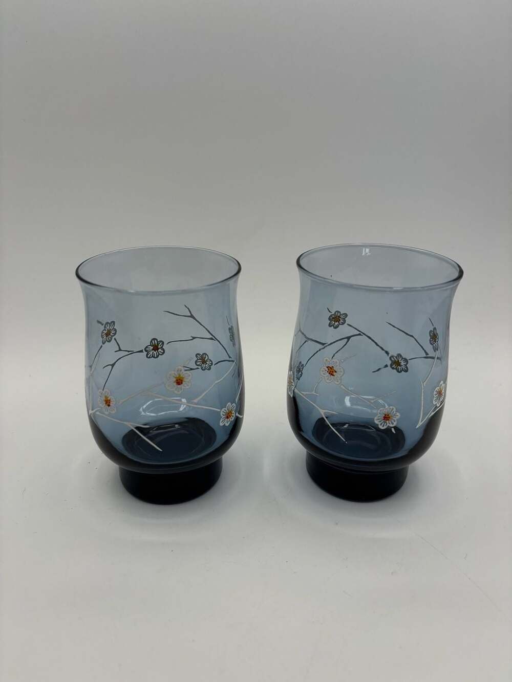 Vintage Libbey Smokey Blue Dogwood Flower Water Glasses Set of 2